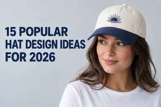Woman wearing a cream and navy cap with a small embroidered sunrise design.