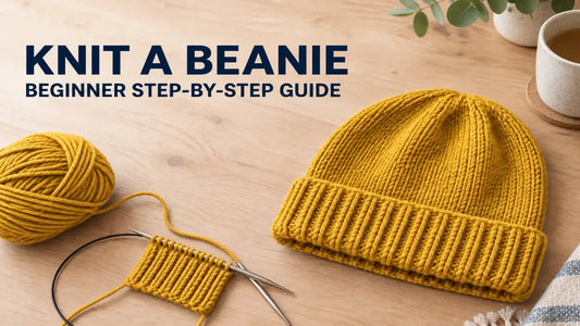 Mustard-yellow ribbed beanie, matching yarn ball, and swatch on circular needles, with the title “Knit a Beanie: Beginner Step-by-Step Guide.”