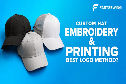 Custom hat embroidery and printing comparison with baseball caps on a blue background