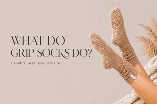 beige grip socks with non-slip soles worn in a relaxed lifestyle setting