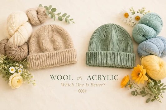 wool beanie and acrylic beanie shown with yarn and flowers