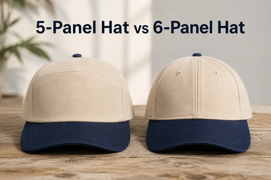 5-panel hat and 6-panel hat side by side showing the difference in front panel construction