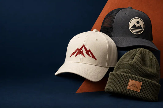 Different hat styles showing logo placement options on baseball caps, trucker hats, and beanies