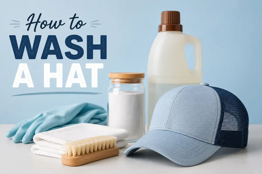 blue trucker hat with brush towel and cleaning supplies