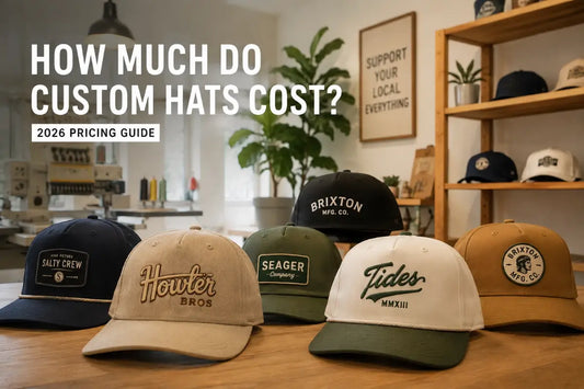 Custom embroidered hats displayed in a workshop for a 2026 custom hat pricing guide