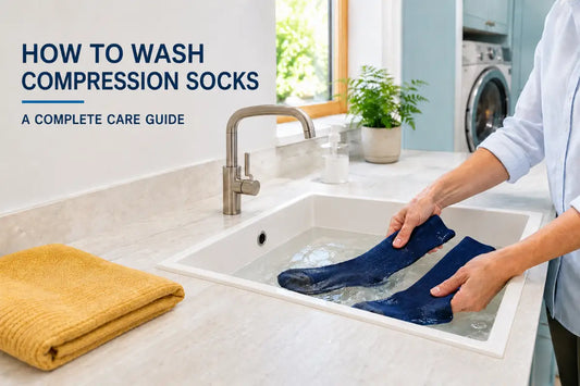 Hands gently washing navy compression socks in a sink with cool water