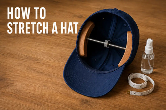 Navy baseball cap being stretched with a wooden hat stretcher, with a spray bottle and measuring tape nearby