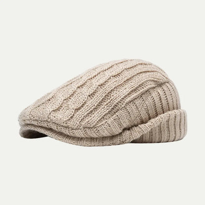 beige knit brim beanie with textured pattern