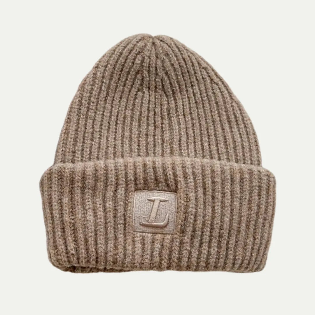 beige cuffed beanie with embroidered logo patch on front cuff
