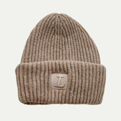 beige cuffed beanie with embroidered logo patch on front cuff