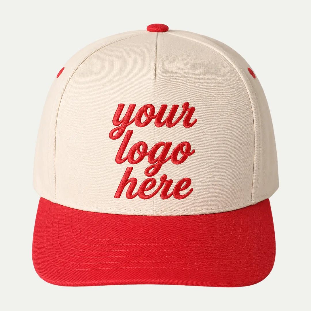 cream red custom embroidered 5 panel cap