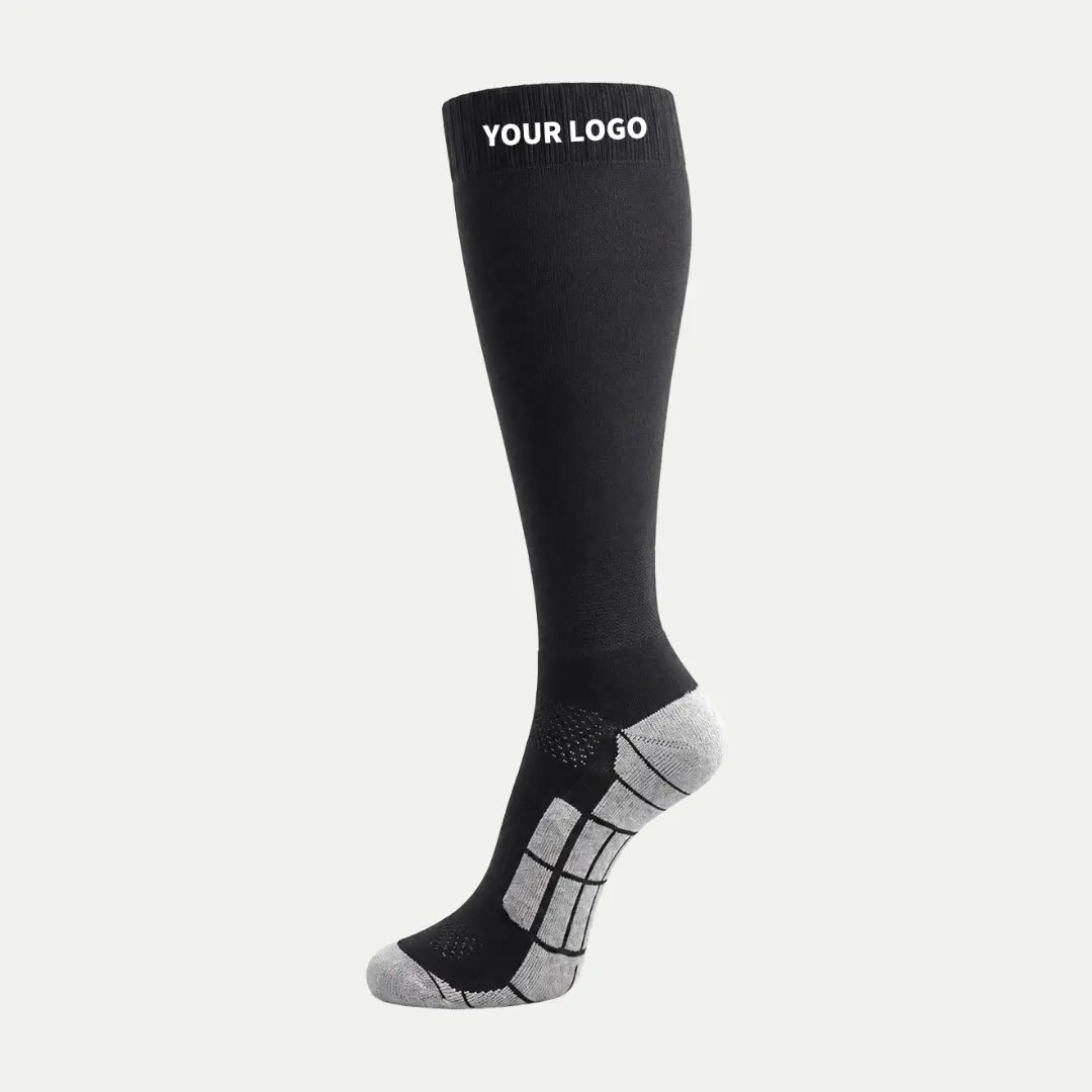 black custom logo knee high athletic sock with grey foot