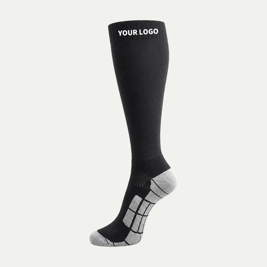 black custom logo knee high athletic sock with grey foot