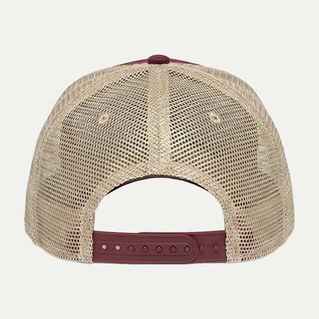 burgundy mesh trucker hat back view with adjustable closure
