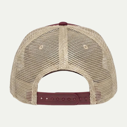 burgundy mesh trucker hat back view with adjustable closure