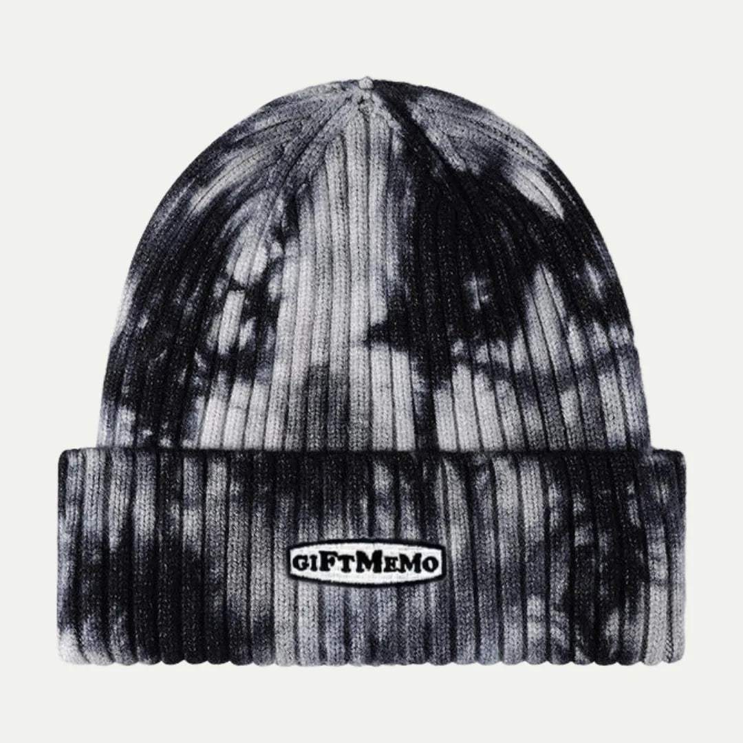 black and white tie-dye cuffed knit beanie with folded brim