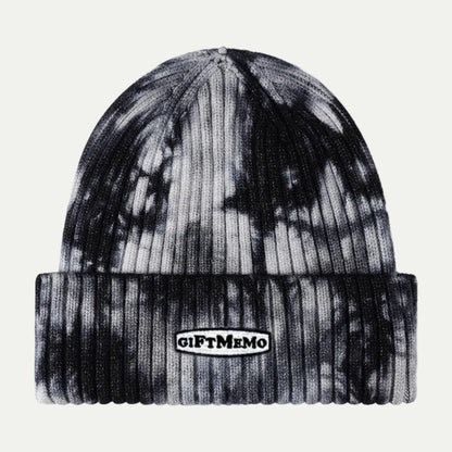 black and white tie-dye cuffed knit beanie with folded brim