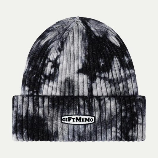 black and white tie-dye cuffed knit beanie with folded brim