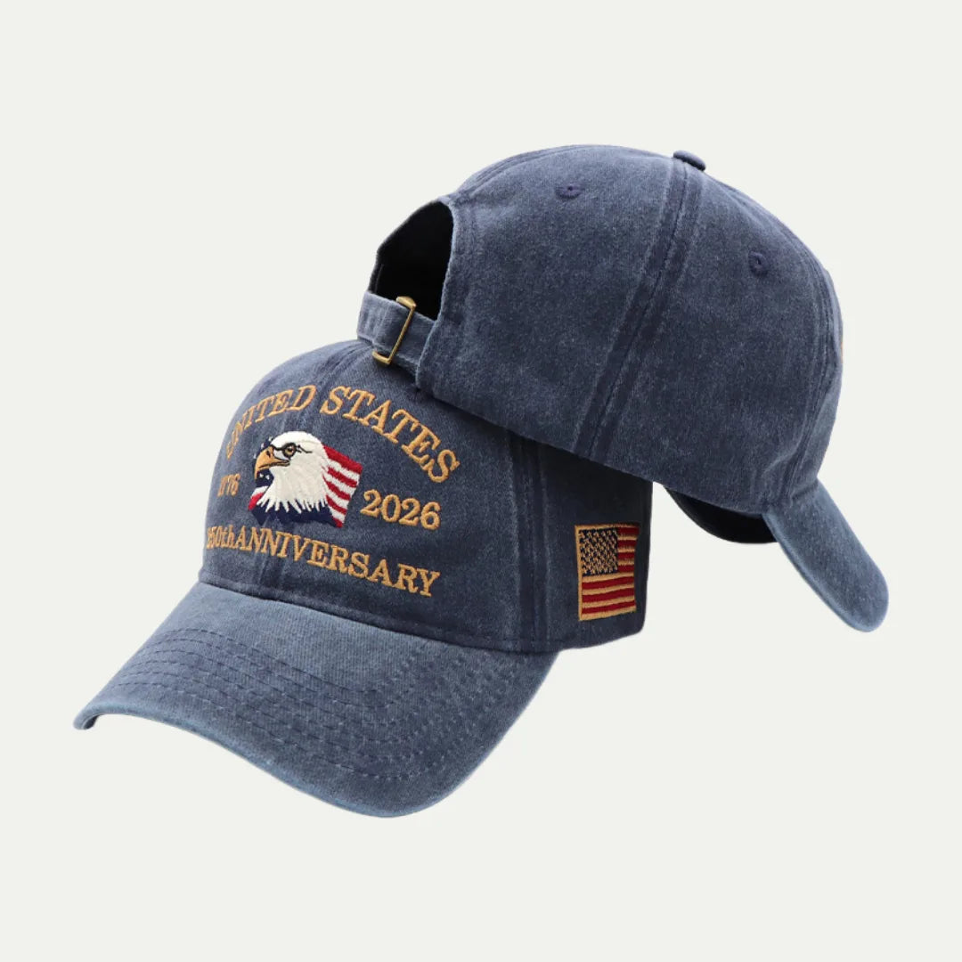 navy embroidered baseball hats showing front and back design