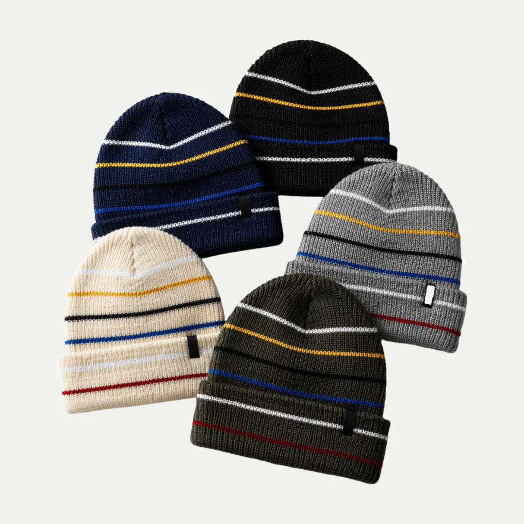 assorted striped cuffed beanies in different colors arranged together