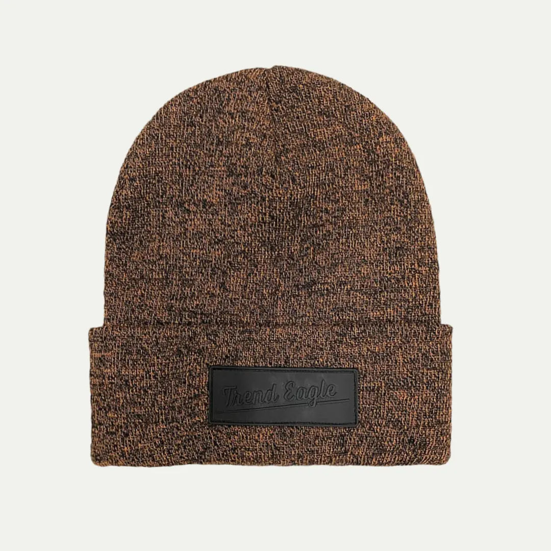brown textured knit cuffed beanie with front patch label