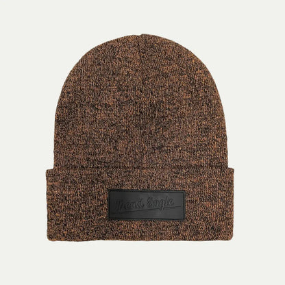 brown textured knit cuffed beanie with front patch label
