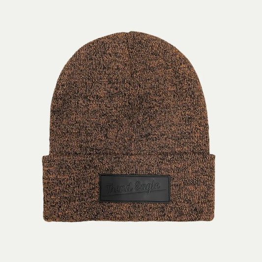brown textured knit cuffed beanie with front patch label