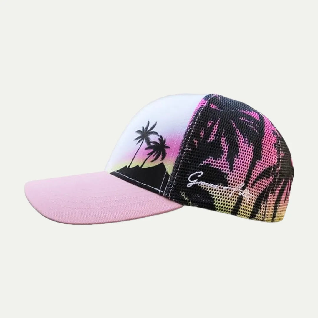 pink beach print mesh baseball cap side view