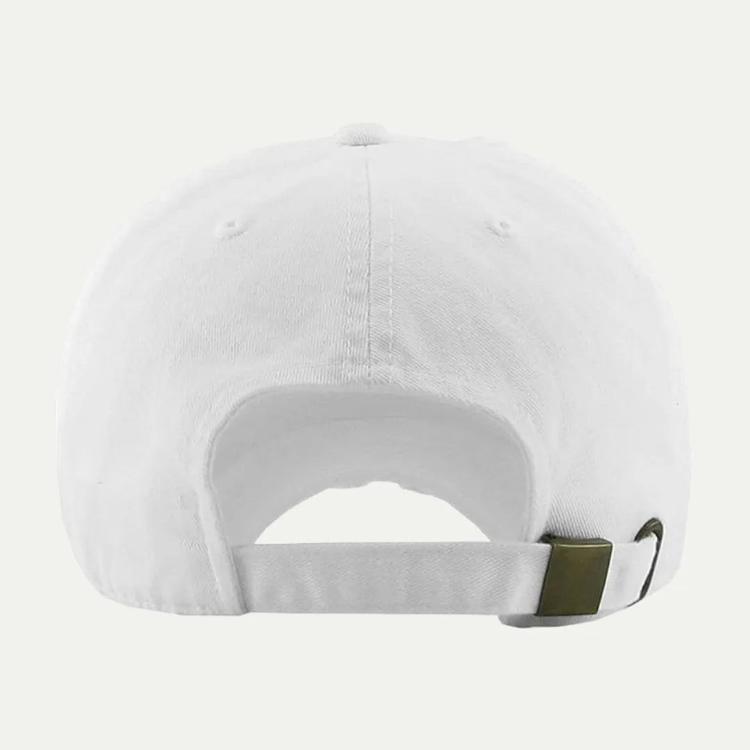 white adjustable washed baseball cap back view with metal buckle