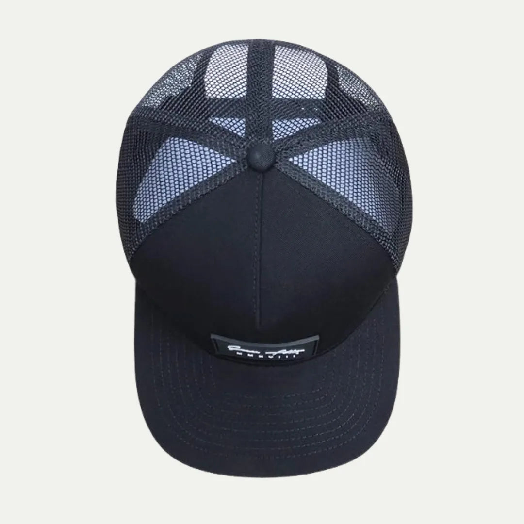 black custom flat brim mesh trucker hat top view