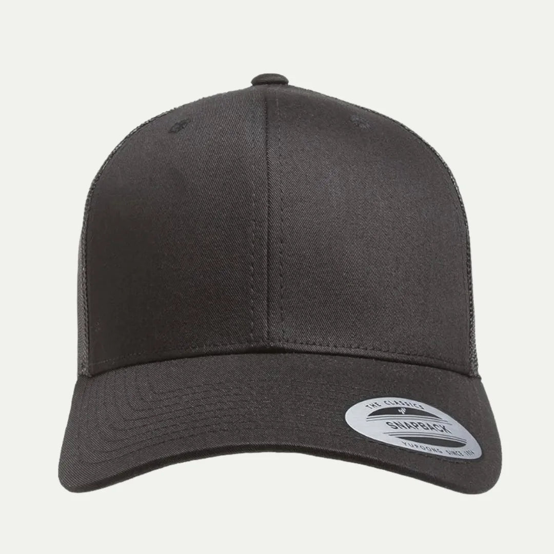 black custom curved brim trucker hat front view
