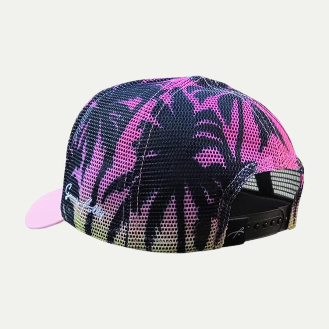 pink beach print mesh baseball cap back view with snapback closure