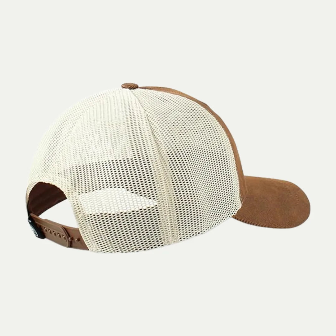 brown and cream custom mesh trucker hat back side view with adjustable closure