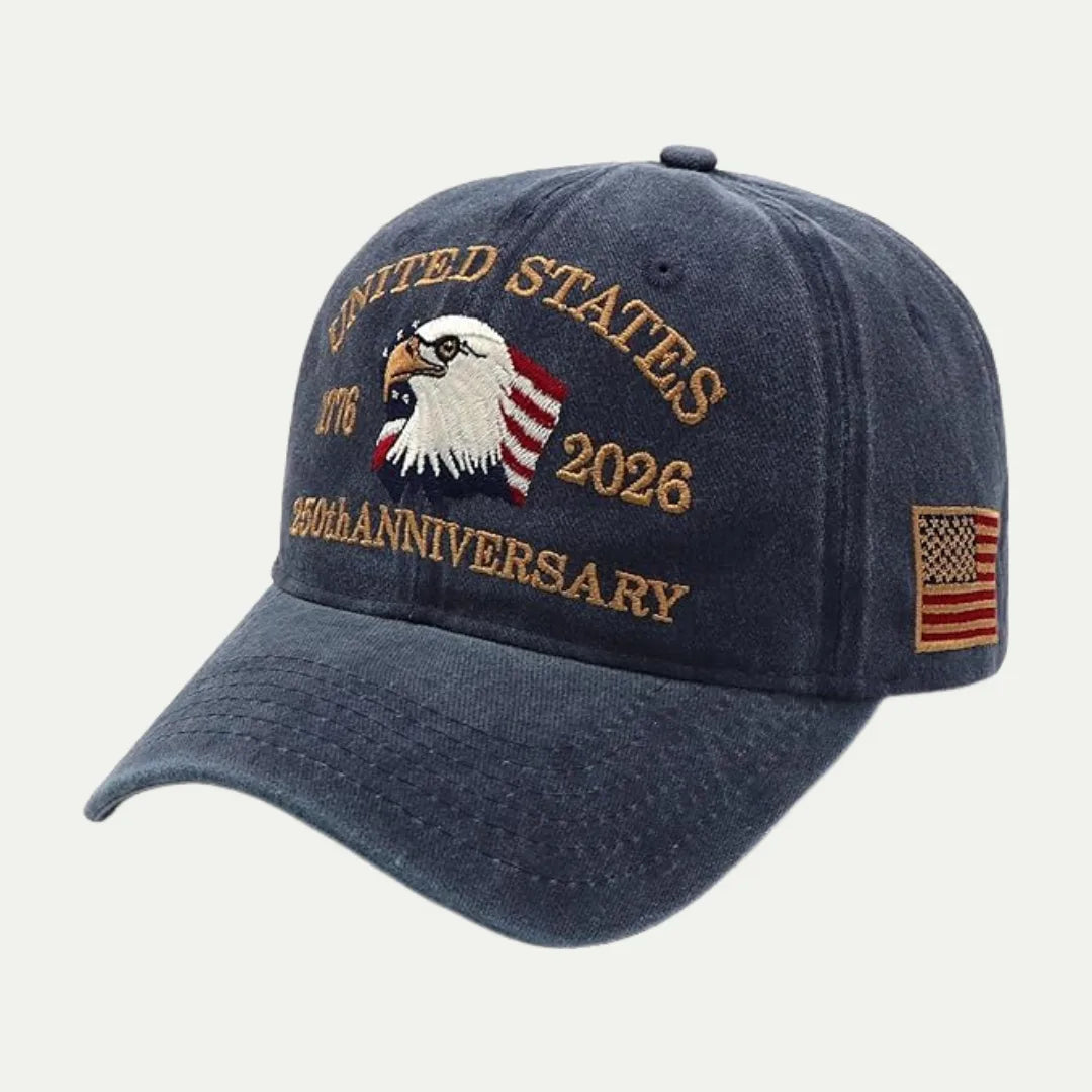 navy embroidered baseball hat side view with flag patch