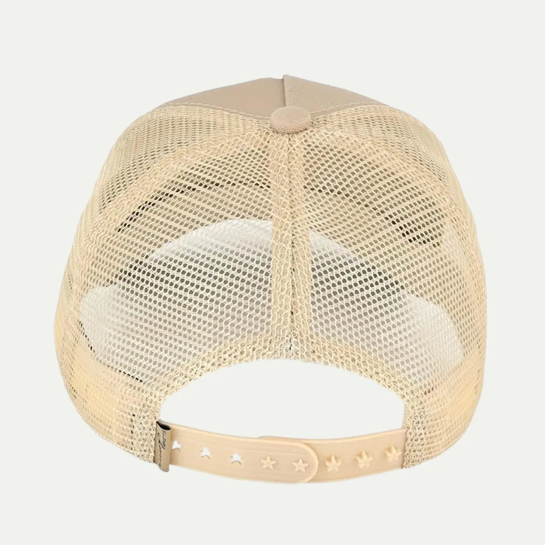 beige custom mesh trucker hat back view with adjustable closure