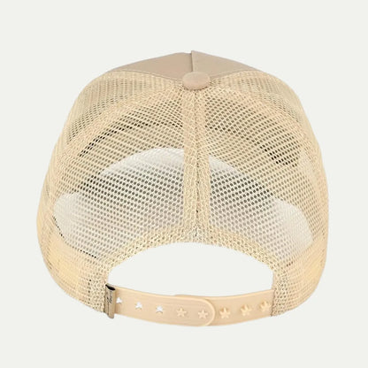 beige custom mesh trucker hat back view with adjustable closure