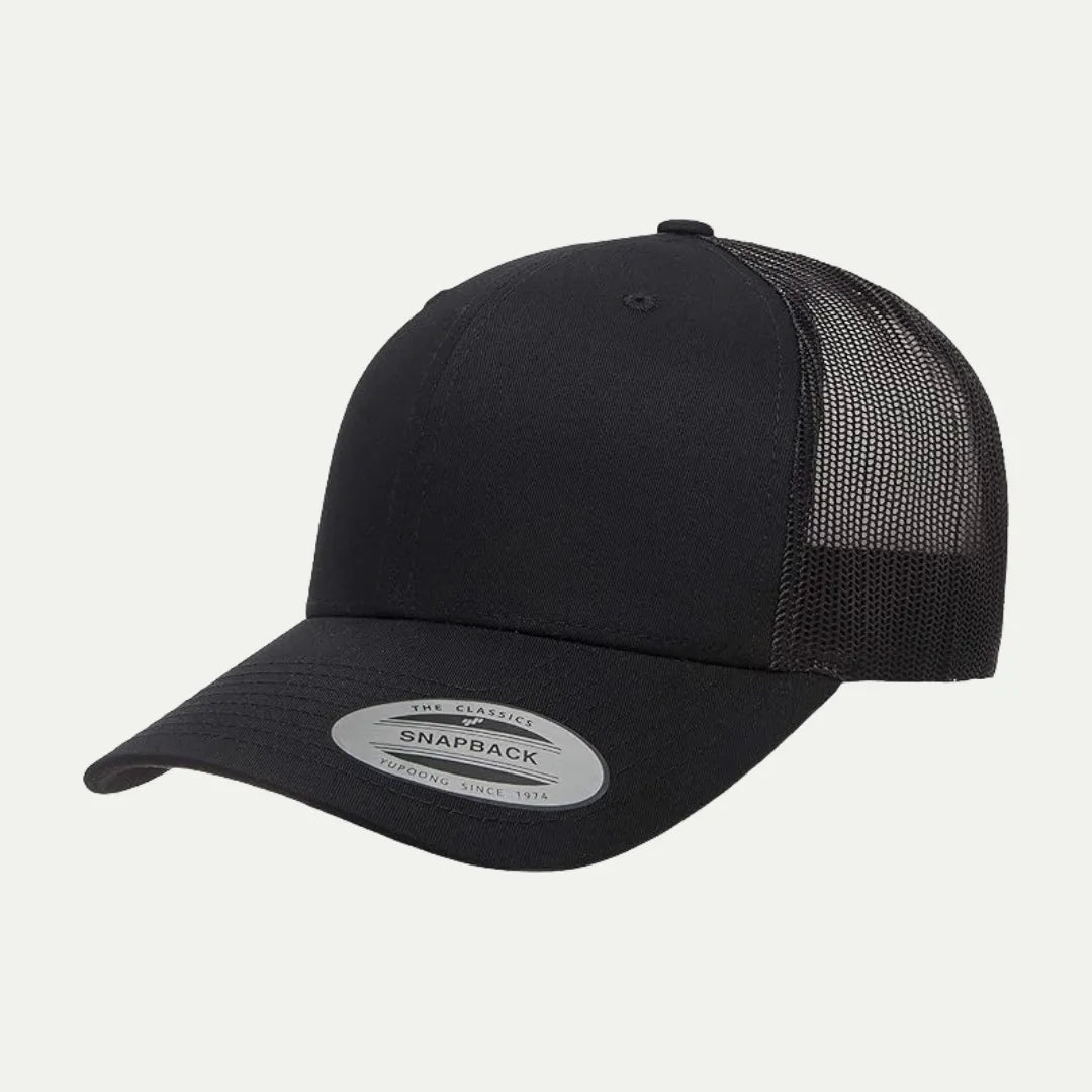 black custom curved brim mesh trucker hat front side view