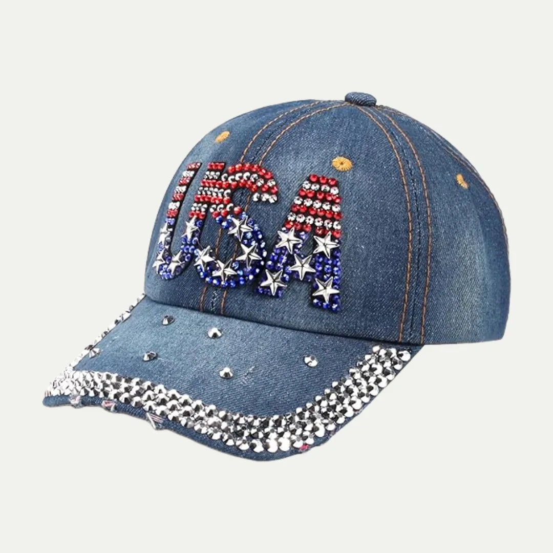 blue rhinestone denim baseball cap front angle
