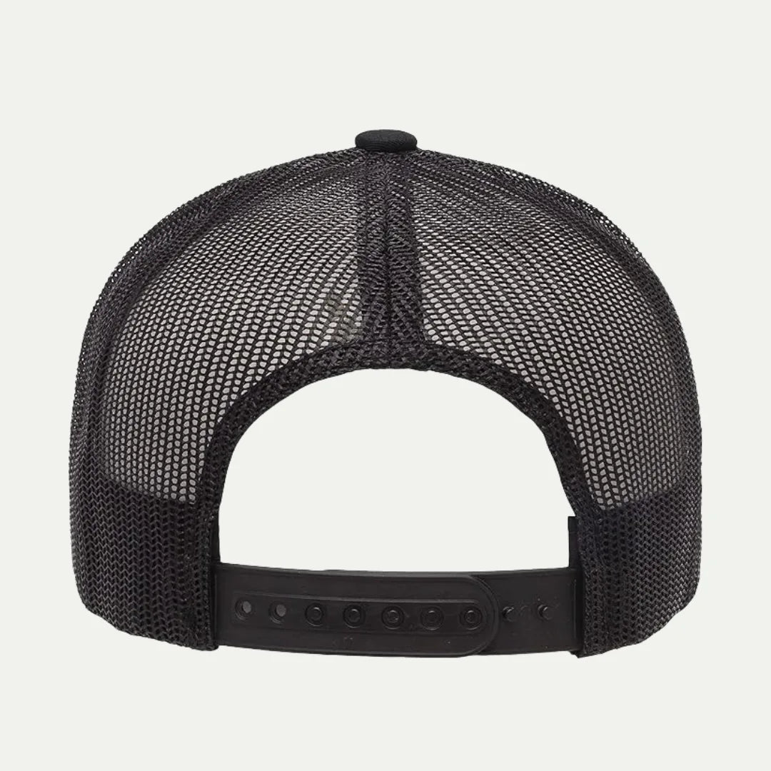 black custom mesh trucker hat back view with adjustable closure