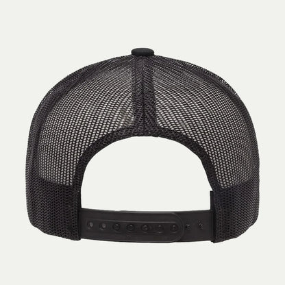 black custom mesh trucker hat back view with adjustable closure