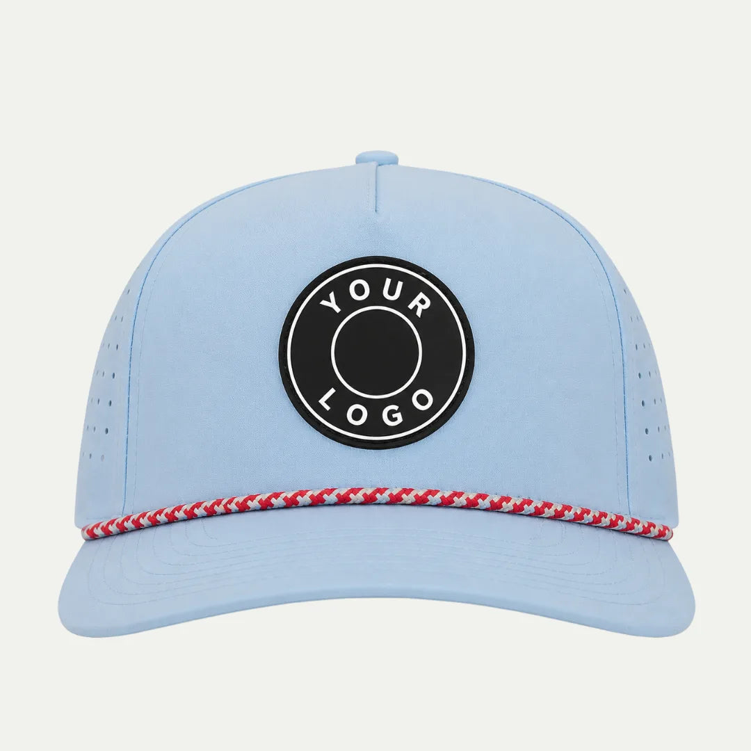 light blue custom PVC patch golf hat front view