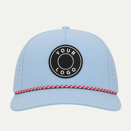 light blue custom PVC patch golf hat front view