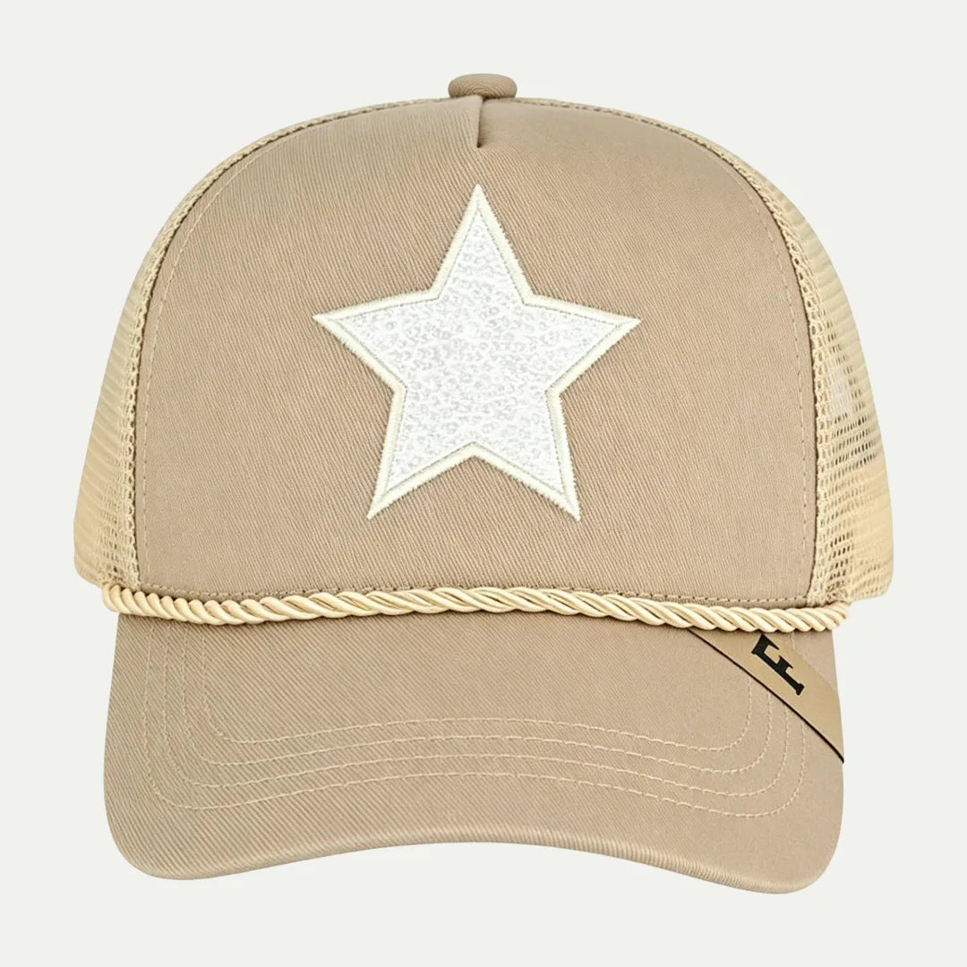 beige custom star patch rope trucker hat front view