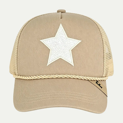 beige custom star patch rope trucker hat front view