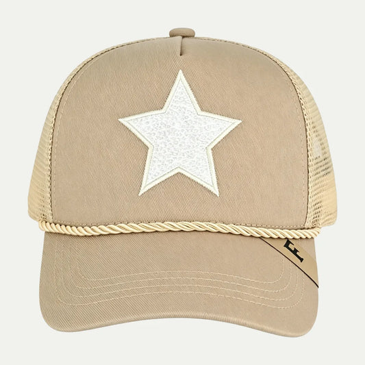 beige custom star patch rope trucker hat front view