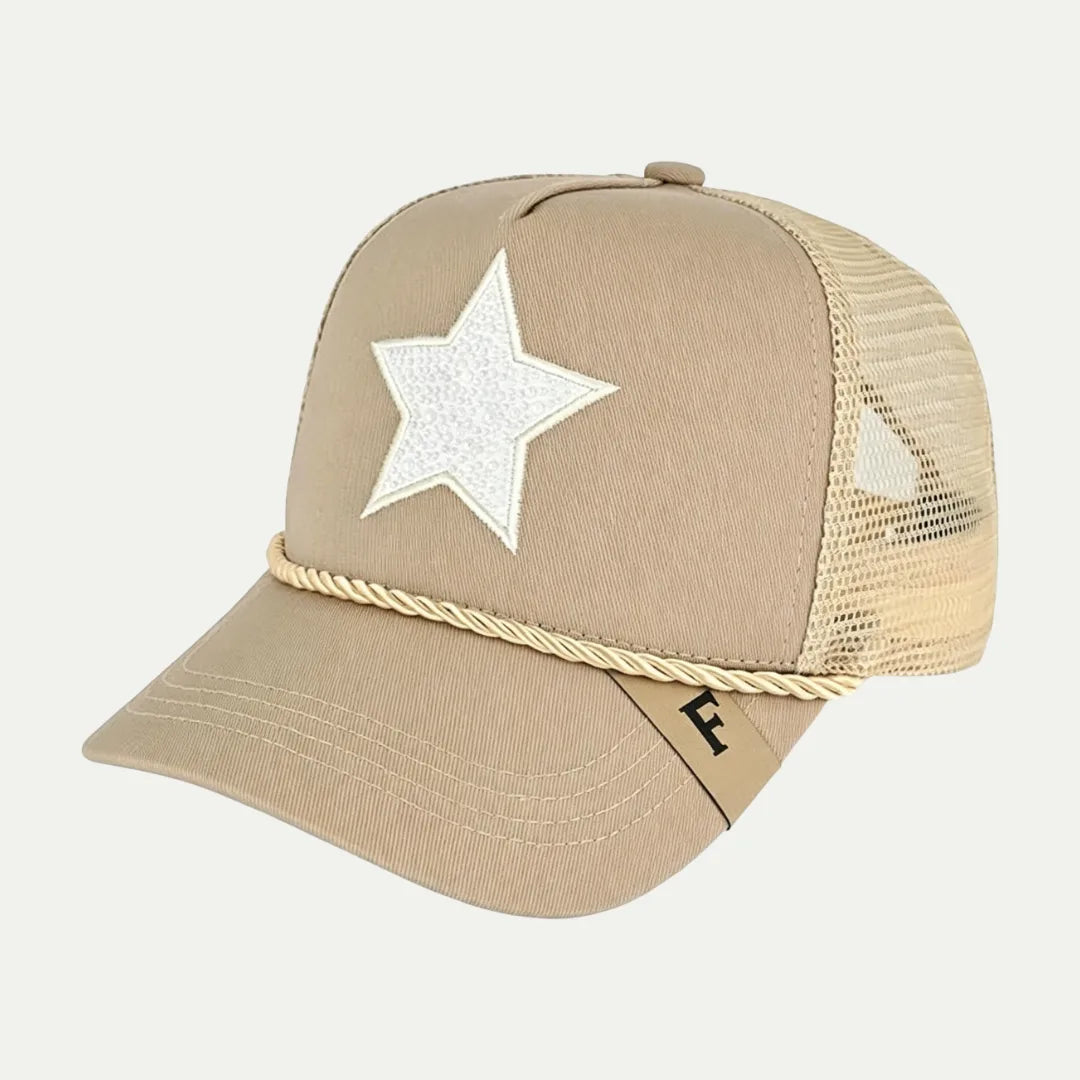 beige custom star patch mesh trucker hat side view