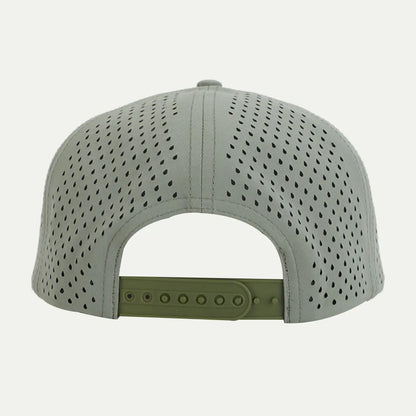 sage custom perforated trucker hat back view with adjustable closure