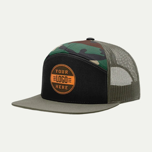 custom 7 panel camo trucker hat side view with orange patch logo