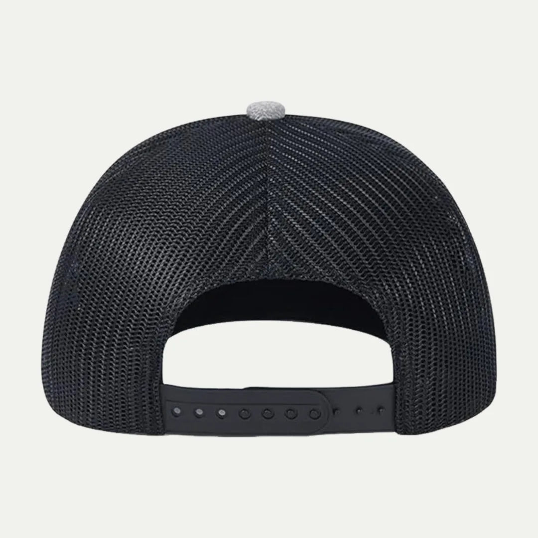 black custom mesh trucker hat back view with adjustable closure