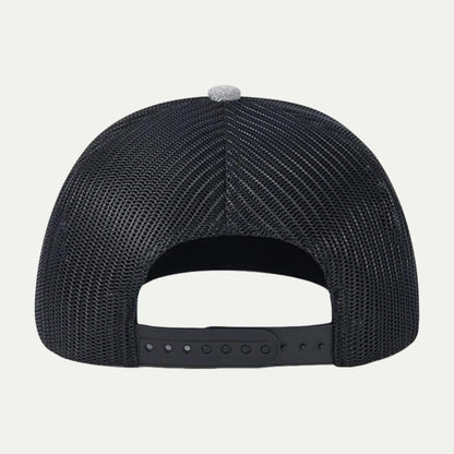black custom mesh trucker hat back view with adjustable closure